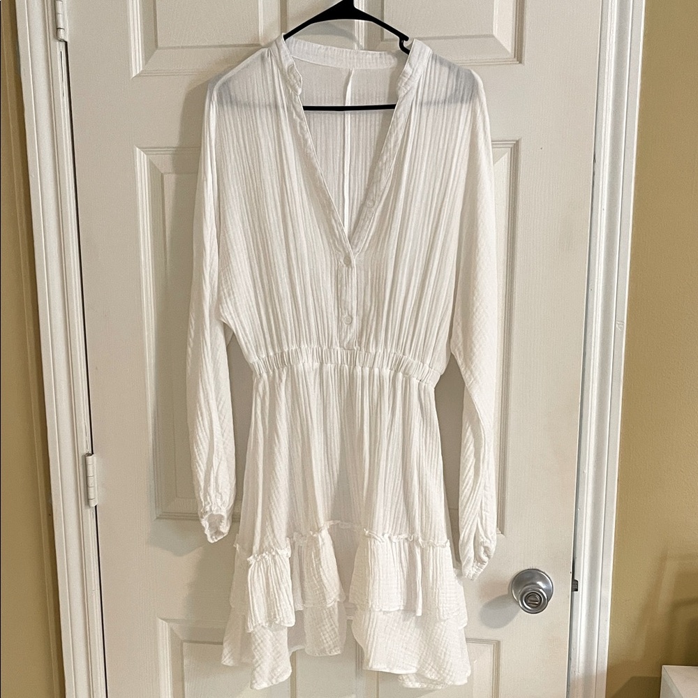 White V-Neck Ruffle Mini Dress Medium Lantern Sleeve Tiered Swing Cotton - Picture 7 of 14